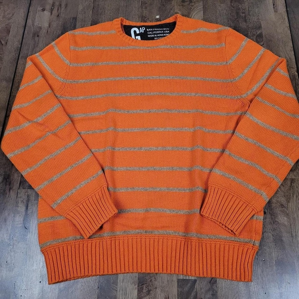 Vintage Gap Striped Knit Sweater Orange Tan Y2K 90s Grunge Slouchy Men's Sz LG